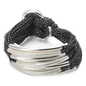 Gillian Julius GJ Black Silver Multi Tube Waxed Cotton Bangle Bracelet SBT2S EUC